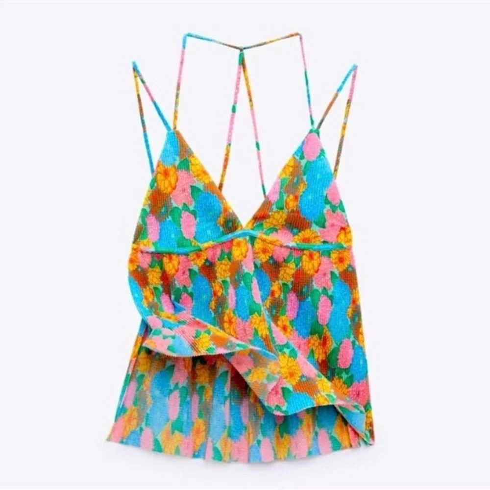 Zara Womens Pleated Strappy Flowy Top Tank Multi-Color Floral 5039/389 Size‎ S